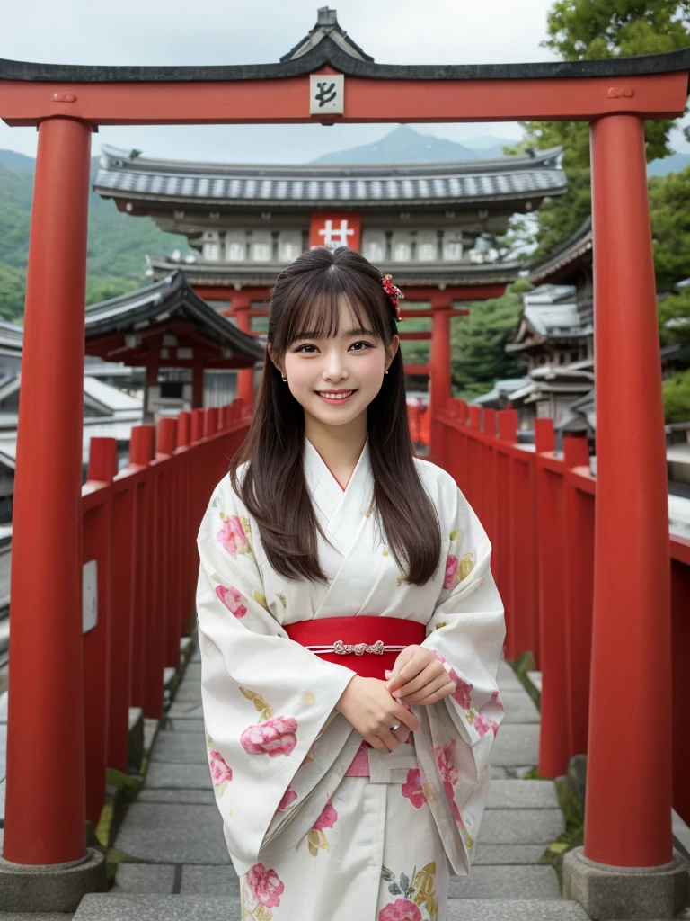 1girl, solo, highres, best_quality, masterpiece, detailed_background, intricate_details, beautiful, hiroshima, itsukushima_shrine, torii_gate, water_reflection, traditional_clothes, kimono, smile, looking_at_viewer, dynamic_pose, natural_pose, candid, happy