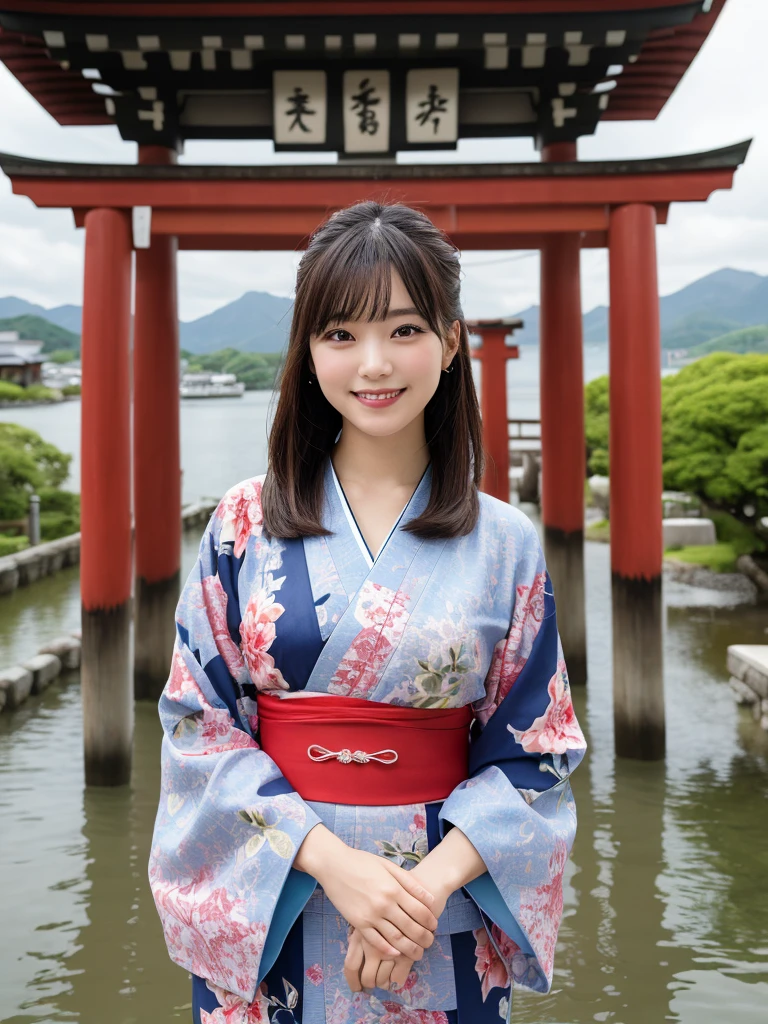 1girl, solo, highres, best_quality, masterpiece, detailed_background, intricate_details, beautiful, hiroshima, itsukushima_shrine, torii_gate, water_reflection, traditional_clothes, kimono, smile, looking_at_viewer, dynamic_pose, natural_pose, candid, happy
