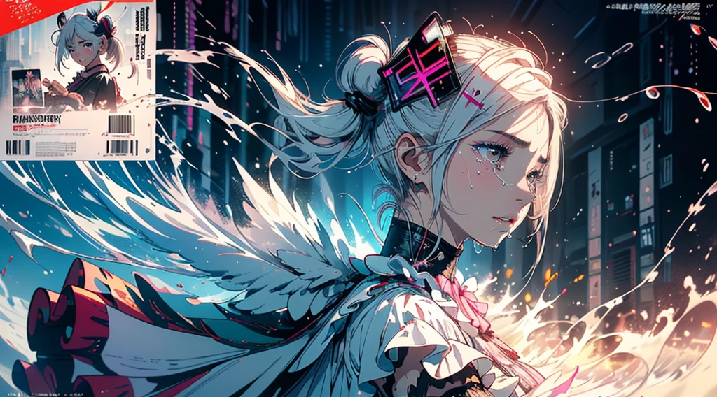 Hair shaking, victory, Long eyelashes, Solid round eye, A faint smile, ear blush, direction, (White hair), cosmetic, blush, sad, sad smile, shadow, Relief, Atmospheric perspective, 8K, Super Detail, precise, best quality, (Cyberpunk), Movie Lighting, masterpiece,1 Girl, ((((Short twin tails)))), Colorful hair, flight, Pink bow,((Female Model)), (Angel Halo), ((( wing ))), (magazine cover), ((((text)))), (cover), bold, striking, ((title)), fashionable, (((Font))), panoramic, Eye level shot, tiling from below, title from side, title in middle, ((((magazine cover layout)))), (((Lolita dress))), (((Wide-angle lens))), (((( Splash of Color ))))