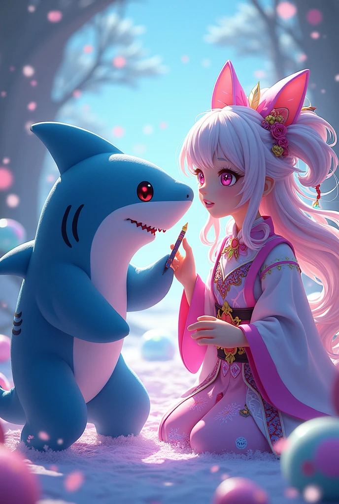 Gawr gura vtuber with pen cogiendo shenhe of genshin impact
