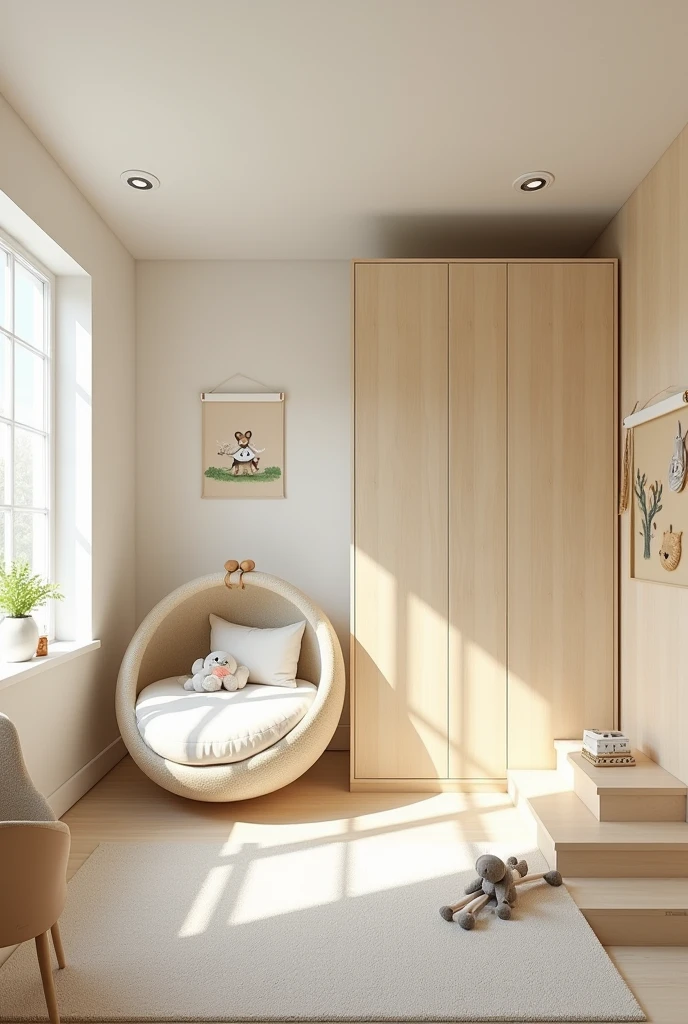 Professional 3d architecture rendering design of modern and light moss and so light Thunder and light cream and wooden Modern and minimal design for chid bedroom and light cream carpet with animals painting and white painting wall and light wooden closet with animals painting and modern ceiling lighting and modern curtains for chid room and the child bed similar globe and safety chair for child and cozy toys and safety closet and small stairs for child