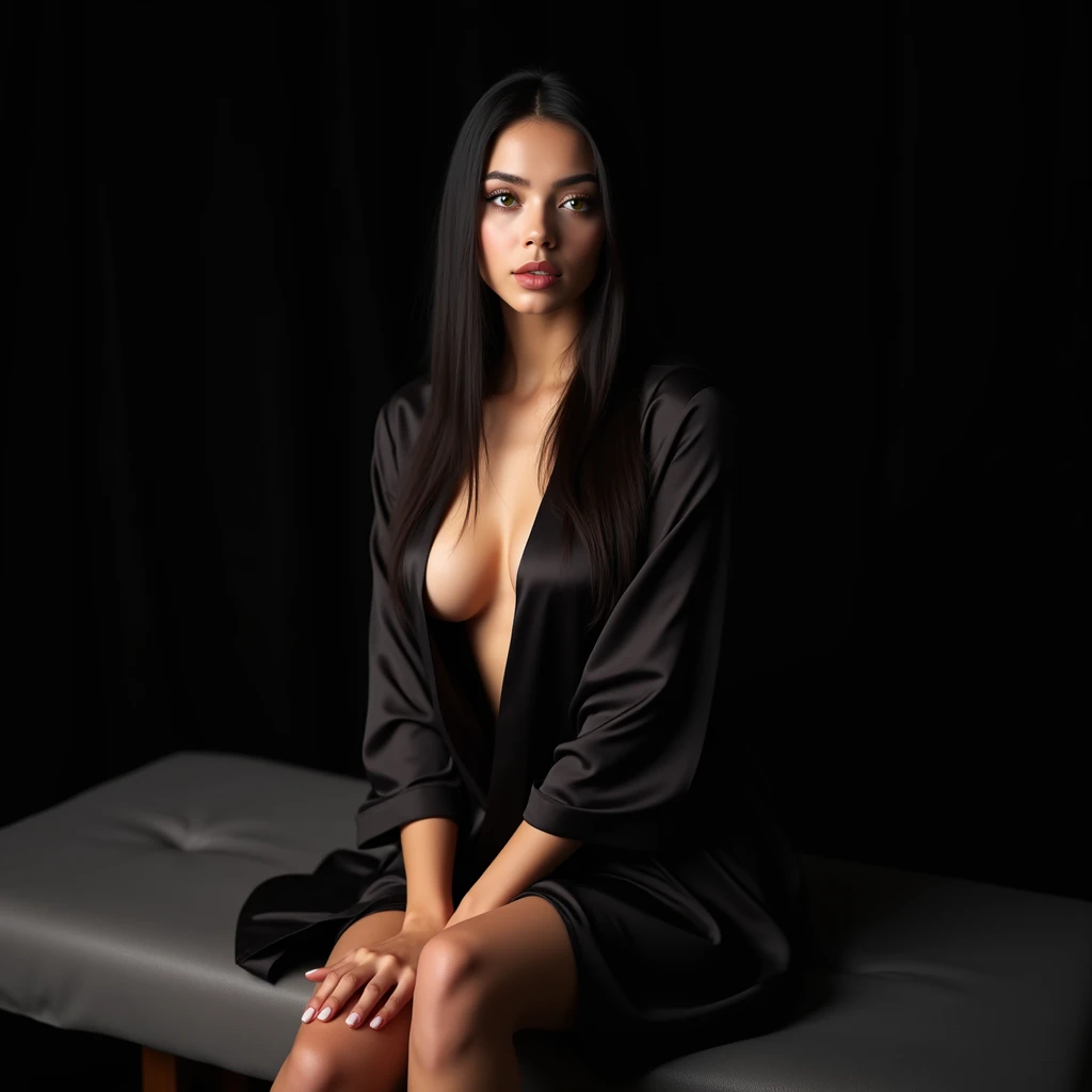 a young woman, 20 years, with light skin, long straight black hair and beautiful green eyes, dressed in a revealing robe that shows off her voluptuous breasts, sitting on a massage table in a professional photo studio against a black background, (Best Quality,4k,8k,High resolution,masterpiece:1.2),ultra detailed,(realist,photorealist,photo-realist:1.37),detailed facial features,beautiful detailed eyes,beautiful detailed lips,extremely detailed eyes and face,long eyelashes,detailed robe,exposed cleavage,sitting pose,professional studio lighting,High-end photography,dramatic lighting,cinematographic,chiaroscuro,elegant,seductive,attractive