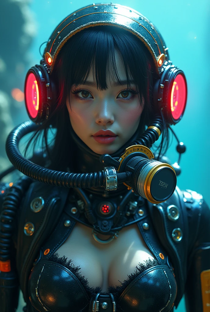ultra-realistic, photorealistic, 20 years old Japanese famous idol girl, very beautiful Japanese but commercial diver, She works in undersea steel construction, masterpiece, (face focus:1.3), beautiful eyes, (wearing commercial diving suits with scuba equipment that looks like a cyber punk glossy intricated complex mecha hard armor suits with neon sign), (fully equipped for scuba diving:1.3), (putting on a full face scuba mask:1.5), (putting scuba breathe mask on the mouth:1.5), large breasts