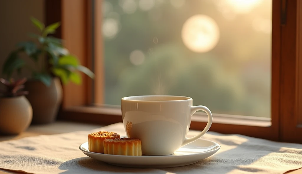 Elegant coffee time with a touch of mellow charm,bloom in silence。Linen texture,Exuding a warm and moist atmosphere。Deglazed and defogged white porcelain coffee cup,Delicate and smooth glaze,Just right to carry the mellow aroma of coffee。The plate is filled with golden color、Fragrant Mid-Autumn Festival mooncakes,,It forms a tranquil picture full of Zen。
A bright moon hangs high in the sky outside the wooden window in the background，Bright light and shadows flow,Highlight the texture of utensils,Small Plants.It feels like you are in a peaceful Zen tea space。Interlacing of light and shadow,Exuding the warmth and softness of the afternoon,Provides a comfortable and relaxing atmosphere。
The overall picture is minimalist but rich in layers,Elegance reveals a vague romantic charm。Meticulous photography techniques,Capturing the Zen and tranquility of the tea ceremony,Demonstrate high-quality visual experience。
