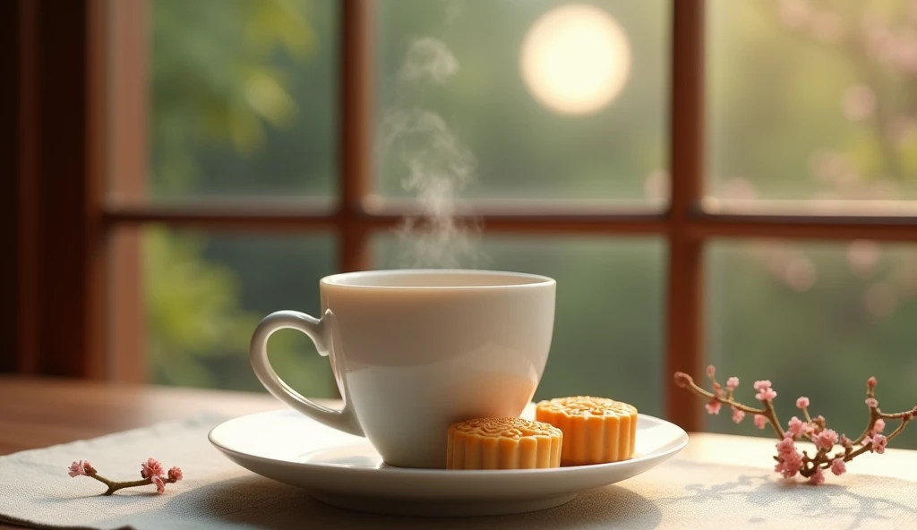 Elegant coffee time with a touch of mellow charm,bloom in silence。Linen texture,Exuding a warm and moist atmosphere。Deglazed and defogged white porcelain coffee cup,Delicate and smooth glaze,Just right to carry the mellow aroma of coffee。The plate is filled with golden color、Fragrant Mid-Autumn Festival mooncakes,,It forms a tranquil picture full of Zen。
A bright moon hangs high in the sky outside the wooden window in the background,Bright light and shadows flow,Highlight the texture of utensils,Small Plants.It feels like you are in a peaceful Zen tea space。Interlacing of light and shadow,Exuding the warmth and softness of the afternoon,Provides a comfortable and relaxing atmosphere。
The overall picture is minimalist but rich in layers,Elegance reveals a vague romantic charm。Meticulous photography techniques,Capturing the Zen and tranquility of the tea ceremony,Demonstrate high-quality visual experience。
