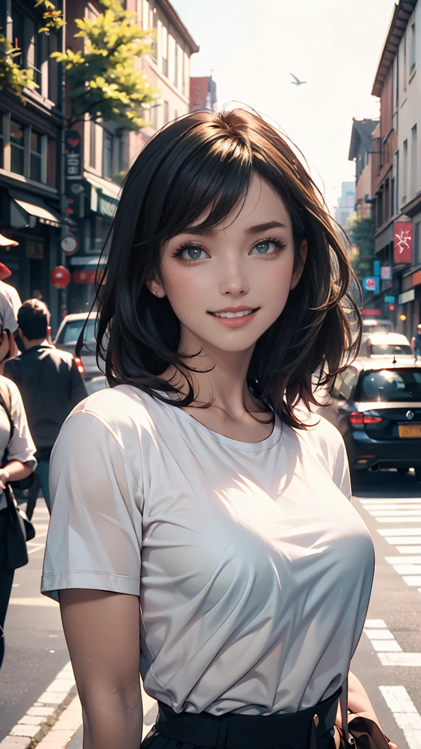 Sunny at noon, (1.5) A woman is on the side of the road, The street is the background, The woman is wearing a white T-shirt, The background is outdoors, The expression looks especially happy, Expressions of excitement, Happiness is in the spotlight, The lens mainly captures the upper body, Loepffe's artistic style ((Xinhai City), Popular with CGstation, Xinhai Chen H 2160, Inspired by Bian Shoumin, Chen Xinghai, Planned, Gwitz Style, high quality, 4K, 8k, solve, -auto-s2