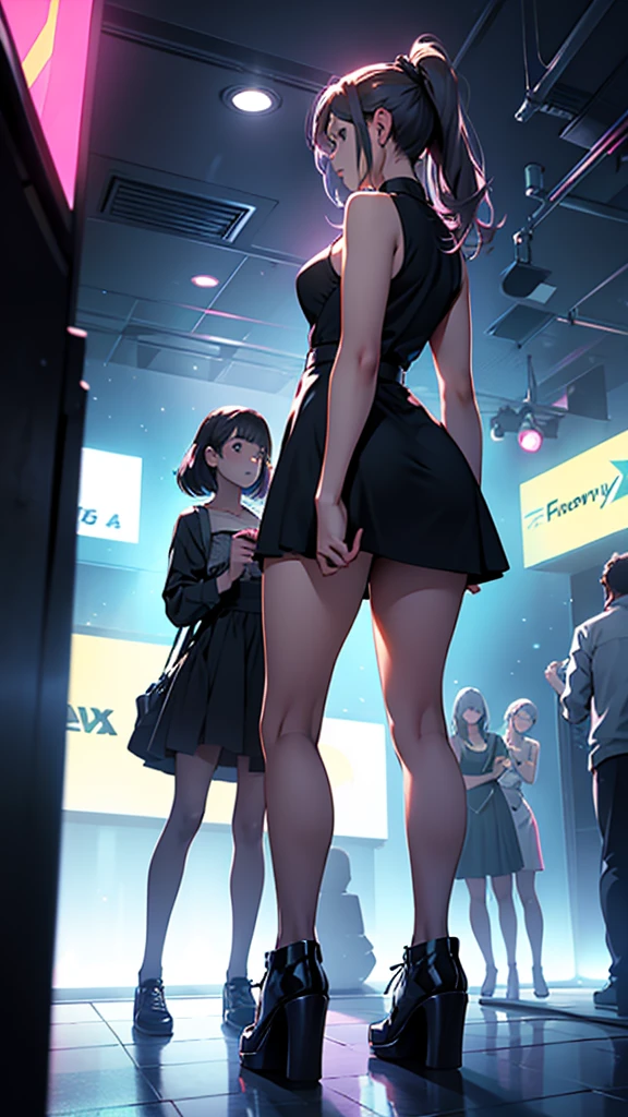 full body of adult girls in club party dress, standing while talking to each other