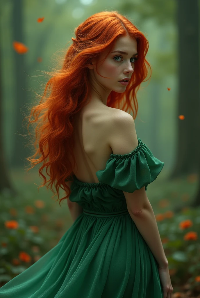 A red-haired woman in a green dress, That woman has her back turned, as wattpad cover