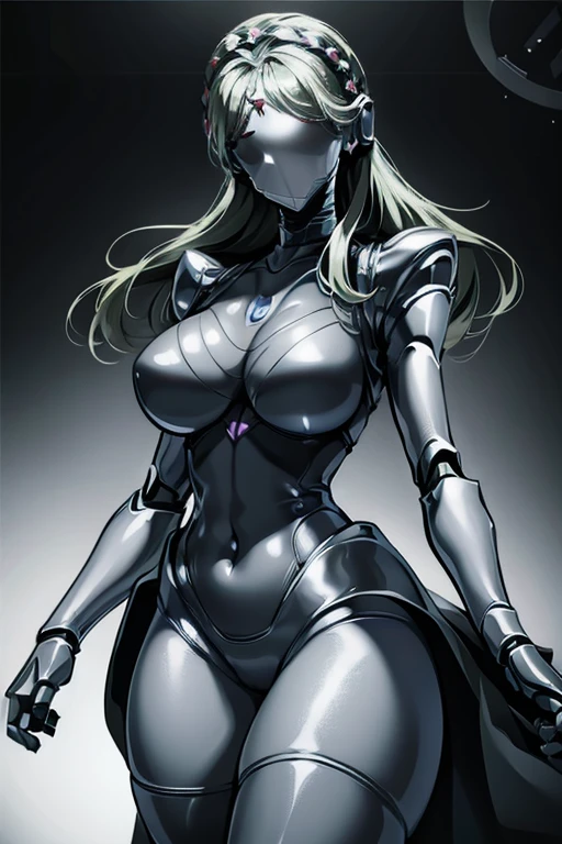 empty eyes,robotized woman ,big bust,Robot Joint ,Metal skin,Black Suit,long hair,a suit that covers the whole body,mechanization,robot, antenna