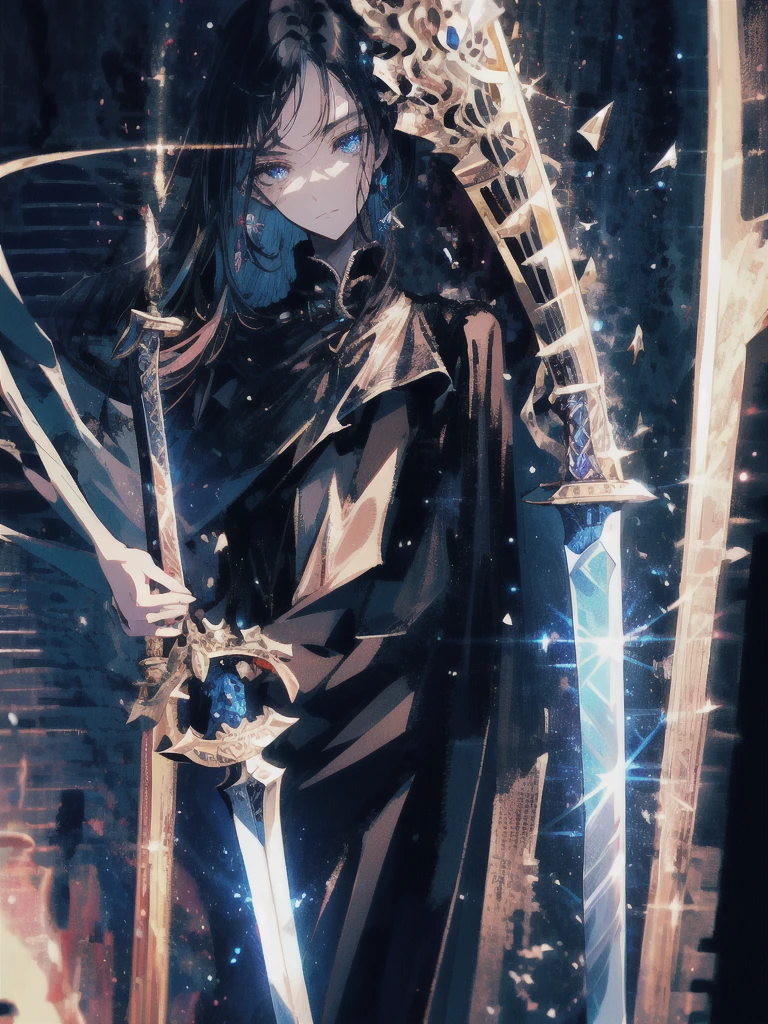 Holding a one-handed sword、Please take the black sword.、((masterpiece, highest quality, Super detailed, High resolution)), alone, beautiful girl, shining eyes, perfect eyes, 15 years old, black white gold theme,