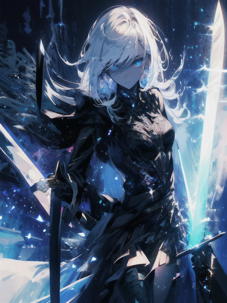 Holding a one-handed sword、Please take the black sword.、((masterpiece, highest quality, Super detailed, High resolution)), alone, beautiful girl, shining eyes, perfect eyes, 15 years old, black white gold theme,