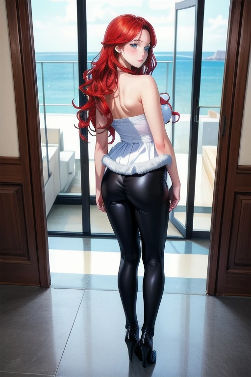 ((Best Quality)), ((masterpiece)), (detailed), 1 girl, with black leggings, white strapless blouse, white heels, long wavy fur, Red hair, blue eyes, ((Whole body)),((view from behind))