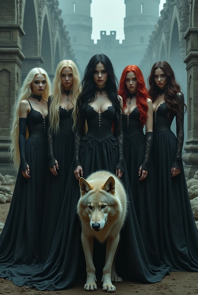 A group of 5 gothic sorceresses, blonde, redhead, brunette, ultra-sexy, a wolf at their feet, a ruined castle, mist, best quality, 4k, 8k, highres, masterpiece:1.2, ultra-detailed, realistic, photorealistic, photo-realistic:1.37, HDR, UHD, studio lighting, ultra-fine painting, sharp focus, physically-based rendering, extreme detail description, professional, vivid colors, bokeh, dark fantasy, horror, atmospheric, dramatic lighting