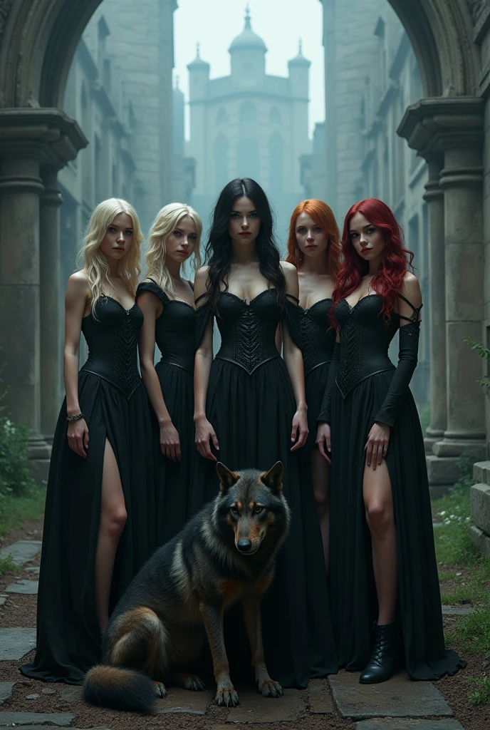 A group of 5 gothic sorceresses, blonde, redhead, brunette, ultra-sexy, a wolf at their feet, a ruined castle, mist, best quality, 4k, 8k, highres, masterpiece:1.2, ultra-detailed, realistic, photorealistic, photo-realistic:1.37, HDR, UHD, studio lighting, ultra-fine painting, sharp focus, physically-based rendering, extreme detail description, professional, vivid colors, bokeh, dark fantasy, horror, atmospheric, dramatic lighting