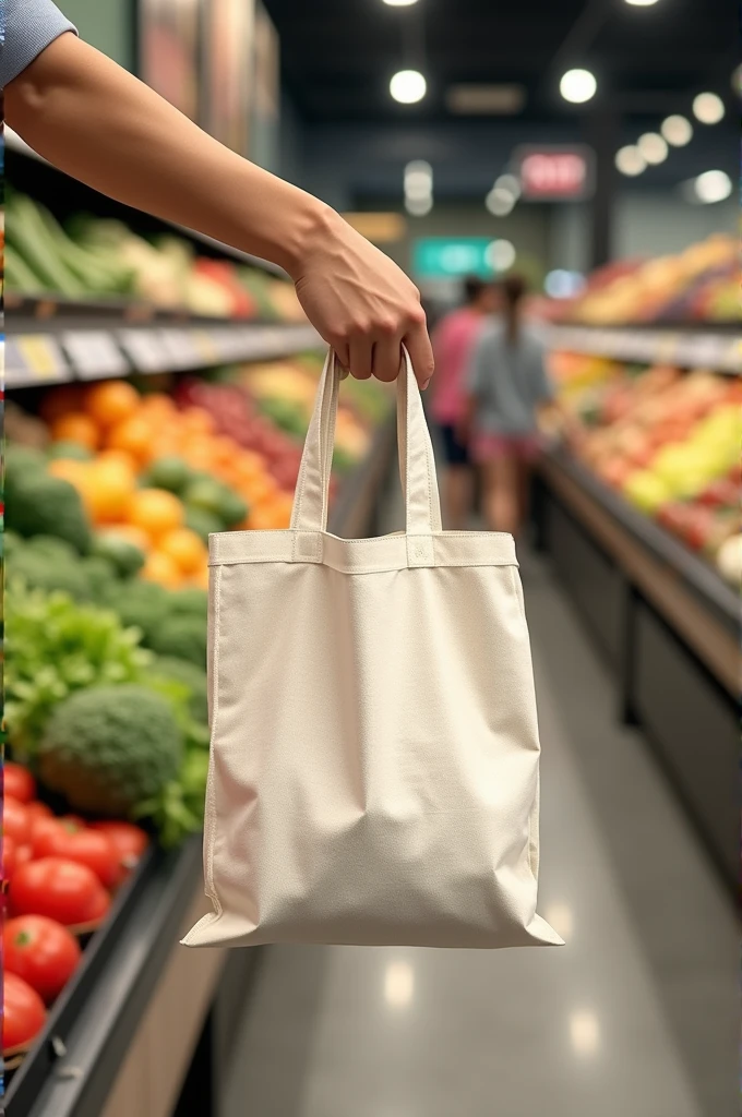 
Create a plain white cloth grocery bag where a customer has it in the produce section of the supermarket