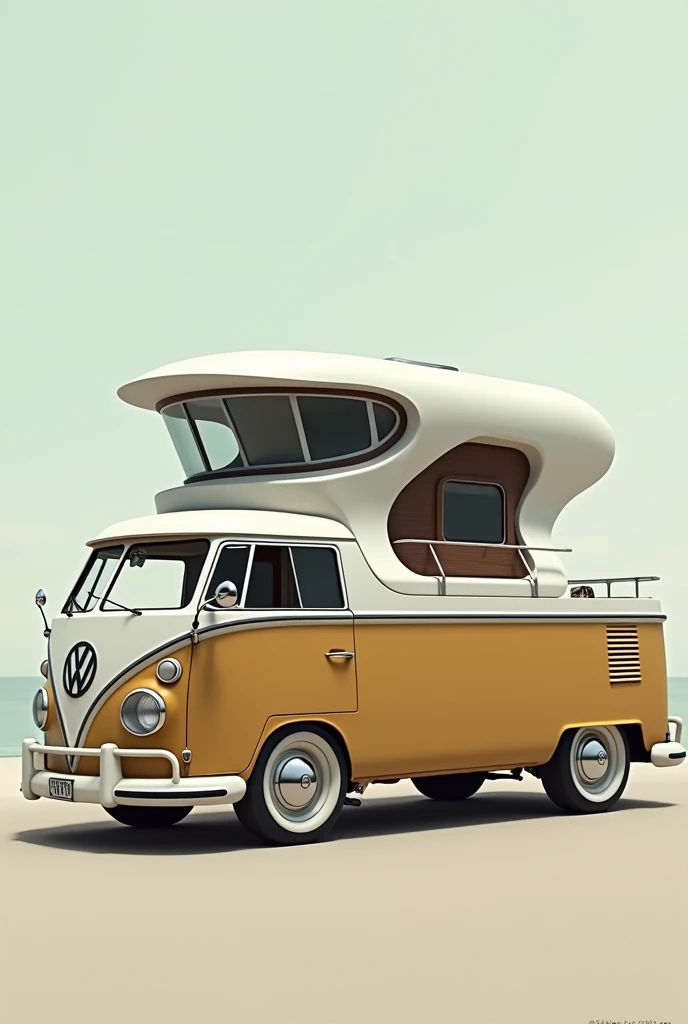 Realistic conceptual artwork of a vintage 1960s VW van with a pickup-style modification, featuring a small, modern house on the truck bed. The house is designed in the signature style of Zaha Hadid, with sleek, futuristic curves and organic, flowing lines. The structure contrasts with the classic design of the van, creating a unique fusion of retro and modern architecture. The scene is set against a neutral background, highlighting the intricate details of the vehicle and the avant-garde house.
