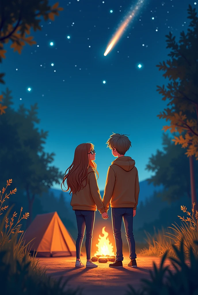 a couple the woman with long honey colored hair wearing glasses and the man with light hair holding hands wearing hoodies camping watching a shooting star at night animated 