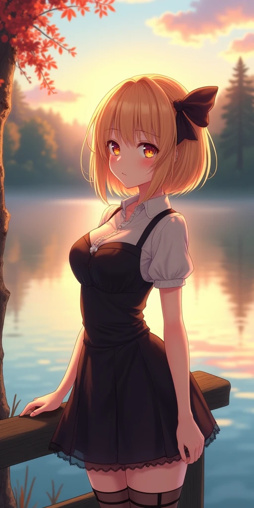 (best quality, ultra-detailed, photorealistic: 1.39), bright and vibrant colors, studio lighting, romantic expression, An effeminate girl, with a delicate and beautiful face. Beautiful and adult with blonde short bob hair, with bangs, bow in her hair, her large adult breasts, in a black skirt dress, garter belt stockings, she is waiting for a romantic date by the lake, manga style, anime features manga style, fully body , she is in love, anime style