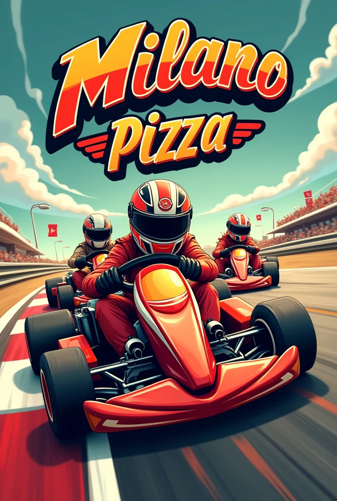 Logo et personnages racing style Joe bar team avec karting puissant pour la pizzeria " Milano Pizza "