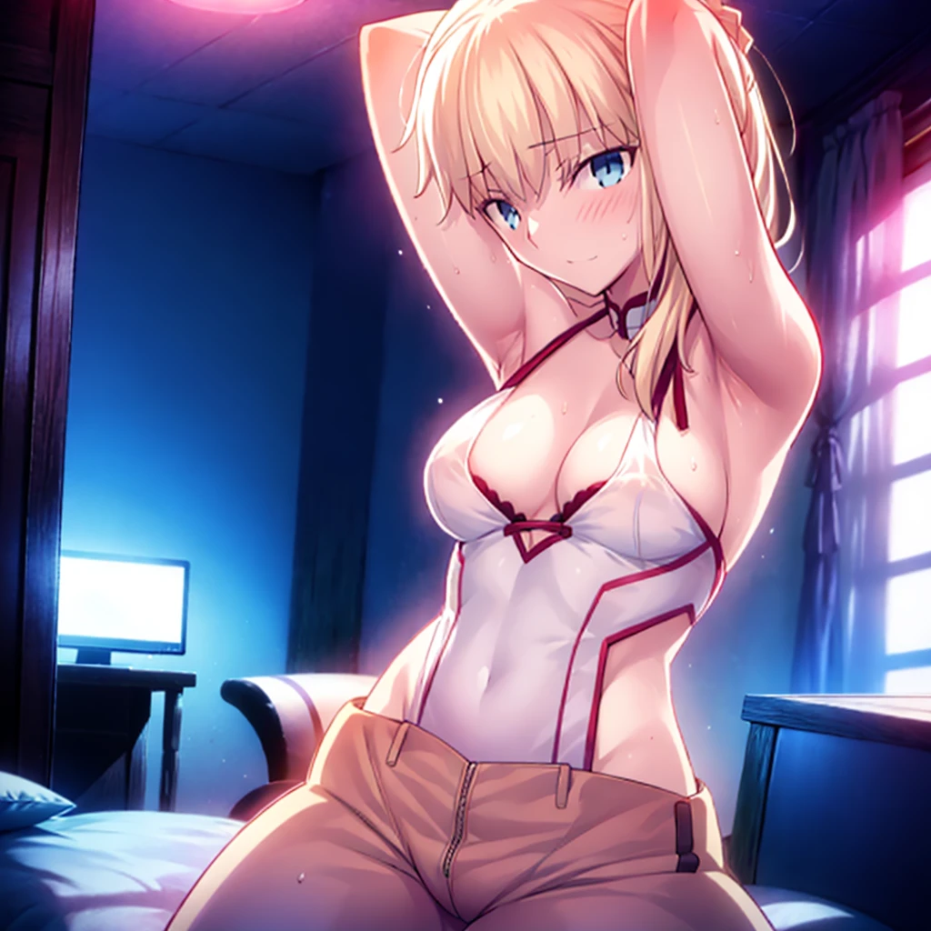 High resolution, 最high resolution,high resolution,{Things to know_f de stay night ufotable:1.15}, Rubio_ Best Quality, masterpiece, フルnude,Sweatだく,Blushing,smile,Armpitアップ,Sweat,Armpitを広げて見せている,bed,Moist,Blonde,whole body,pubic hairあり,Love juice,Armpit,side,sideの下,Armpitの下,sideアップ,Sweatをかいている,sideSweat,Upper Body, 1 person,sideズーム,Armpitズーム,Armpitを見せつける,sideを見せつける,両Arms behind head,nude,Raise your arms, Inner cavity reflection,whole body,Two arms,Alone,sexy,1 personだけ,Looking at me,膣からsemenが垂れている,front,pubic hair,Obscene lines,Ray tracing,Slender body,E Cup,Embarrassing,Armpit強調,side強調,ArmpitSweat,sideSweat,Wet Skin,Open your mouth,Noise Reduction,((Place your hands behind your head)),Emphasis on the crotch,Chest Enhancement,stage,Perfect lighting,体をfront,Look up,looking at the camera,真front,I don't want to go away.,体をfront,両Raise your arms,両Arms behind head,Embarrassing,Hands behind head,Hotel Rooms,bedの上,全naked,naked,膣からsemenが垂れている,bedに横たわる,,フルnude,オイルを塗ったテカテカのsideの下を見せる、オイルを塗った光沢のあるsideの下:1.30、Surreal、sideの下、オイルを塗った光沢のあるsideの下:1.30、光沢のあるsideの下、オイルを塗ったぬるぬのsideの下:1.30、ぬるぬるした光沢のあるsideの下:1.20、明るく詳細なsideの下、sideの下の細かいシワ:1.7、リアルなsideのシワ:1.7、sideの下を照らす光:1.4、side毛穴の細部まで), Armpit見せポーズ,side見せポーズ,Nipples,Nipplesが立っている,No clothes,素っnaked,Armpitアップ,sideアップ,NaughtyなArmpit,Naughtyなside,Sweat,Naughty,Arms behind head,Armpitを広げる,sideを広げる,Embarrassed look,Love juiceが垂れている,NaughtyなPussy,体をfrontへ,pubic hairが生えている,pubic hair,semen,semenまみれ,Naughtyな体,Naughtyな身体,NaughtyなPussy,Naughtyなgenital,genital,NaughtyなPussy,Naughtyなnaked,Naughtyなnaked体,Naughtyな肉体,Naughtyなボディー,恥ずかしそうにArmpitを見せている,恥ずかしそうにsideを見せている,lotion,lotionまみれ,Vaginal fluid,Vaginal fluidが垂れている,Love juice,Love juiceが垂れている,semenでベタベタ,Sticky with semen,Sperm,Spermまみれ,Spermでベタベタ,Pussy,Pussyを見せつける,Pussy,Pussyを見せつける,Embarrassed look,Groinにタトゥー,Groin,View your viewers,genital,女genital,湿ったArmpit,湿ったside,smile,4K,（8k）,Noise Reduction,Place your hands behind your head,Emphasis on the crotch,((Place your hands behind your head)),(Shiny, oily skin), Raise the hand, (Raise your arms above your head:1.5), Put your arms behind your head, sideの下, (sideの下 into viewer's face:1.5), (View your viewers:1.5), Raise the hand,蒸れたArmpit,蒸れたside, sideの下を露出させる,Armpitの下を露出させる,両手を頭に当ててbedに座わる,蒸れたArmpit,蒸れたside,Armpitアップ,sideアップ