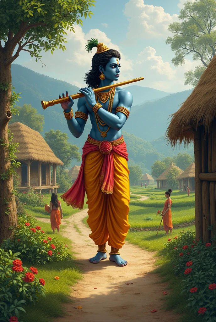 Krishna in village , flute whistling