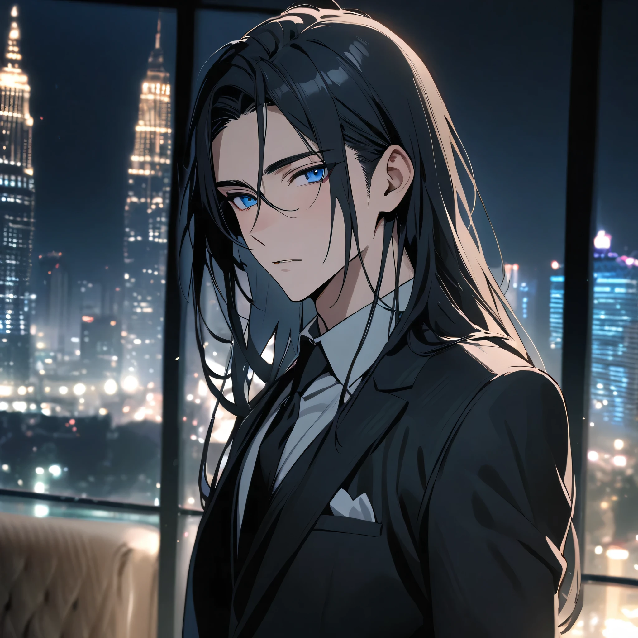 Handsome, solo, 1 male, long hair, black hair, blue eyes, wearing black suit, luxury hotel background