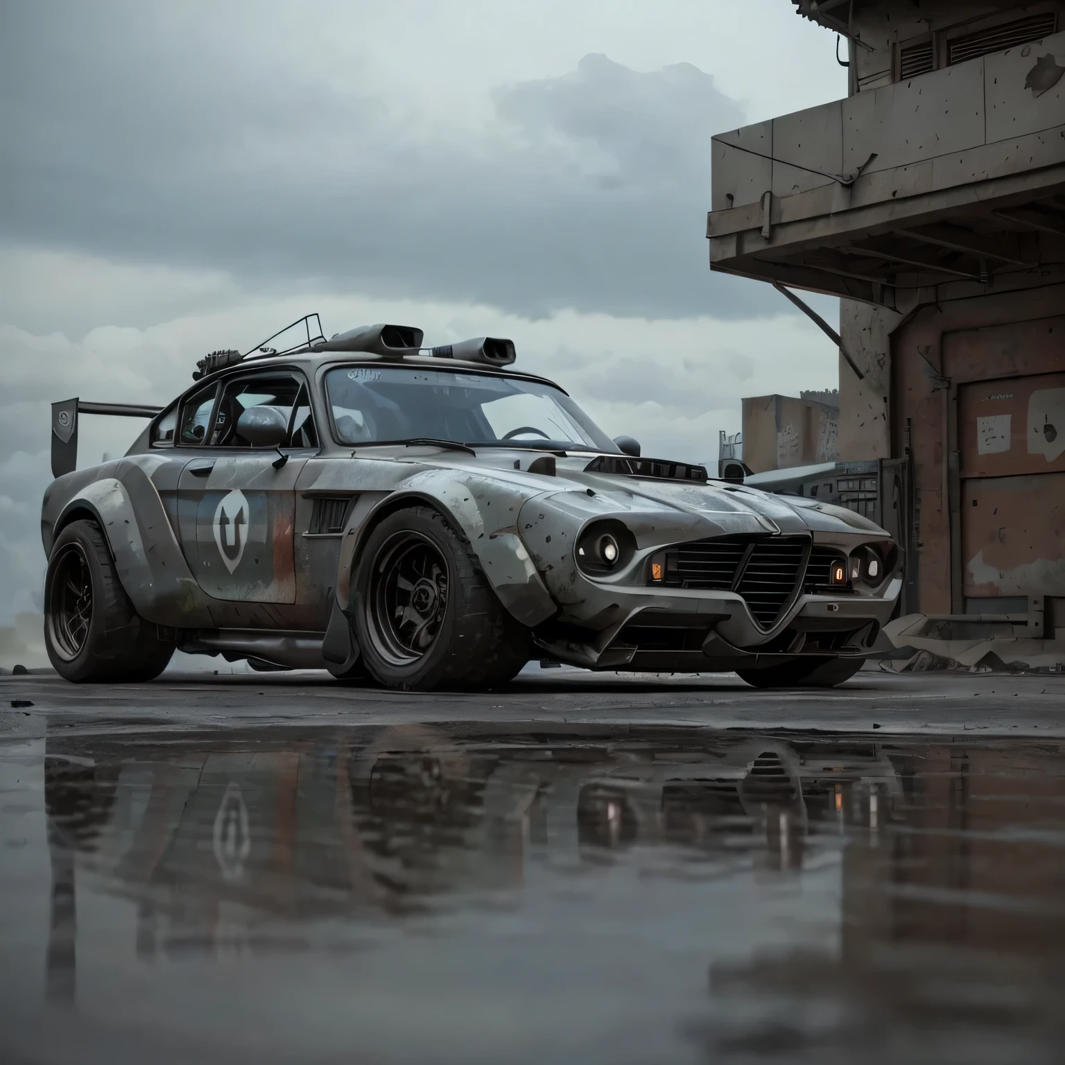 GoPro Shot From One (Cyberpunk Alfa Romeo Armored Truck) Geeks, 3/4 Vista Frontal, Wide-angle action shots, Post-apocalyptic, 屋outside, night, path, destruction,  De-airing, outside, Full moon in the background, Master Parts, Realistic, 8k, Attention to detail, Dark Theme,