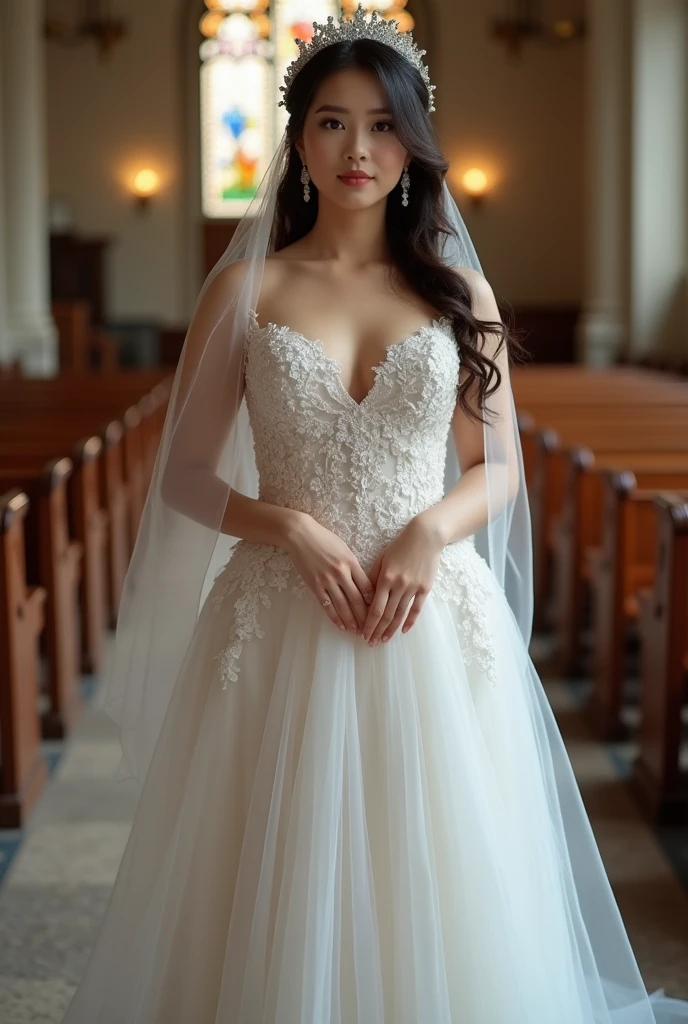 extremely beautiful asian woman, wearing wedding clothes, full body portrait, front angle, curvy woman body shape, (nude:1.5), (small sized tits:1.2), (nipples, clean shaved vagina:1.3), (small sized tits:1.2), inside the church, (smooth skin:1.5), extremely detailed, (32k, RAW photo, UHD:1.2, captured by Hasselblad X2D), ultra detailed, ultra high resolution