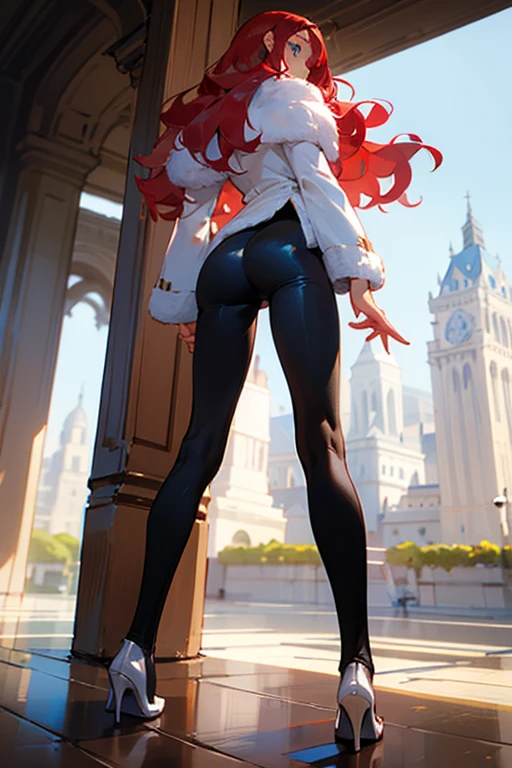 ((Best Quality)), ((masterpiece)), (detailed), 1 girl, with black leggings, white strapless blouse, white heels, long wavy fur, Red hair, blue eyes, ((Whole body)),((view from behind))