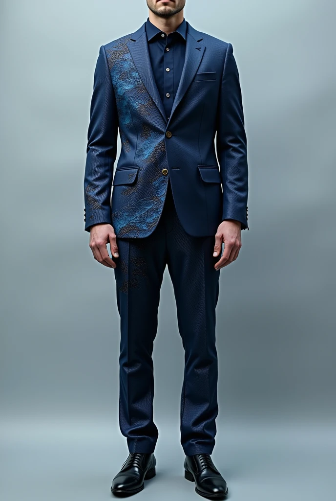 A navy blue men&#39;s suit with patterns reminiscent of waves and fish scales. The suit is made of a water-resistant material and adapted for environments 