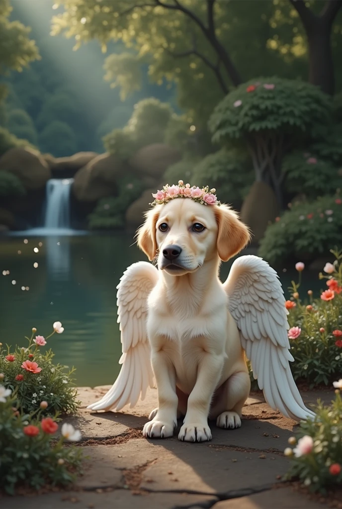 Place two angel wings on the dog and a paradise background behind the puppy with a flower crown on its head