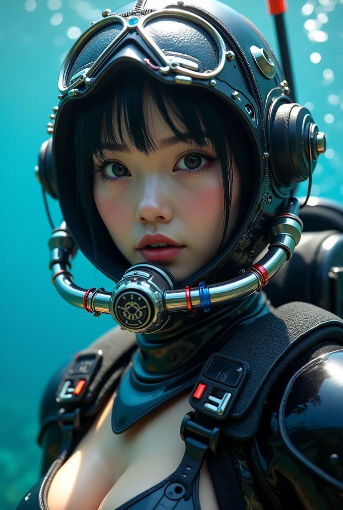 ultra-realistic, photorealistic, 20 years old Japanese famous idol girl, very beautiful Japanese but commercial diver, She works in undersea steel construction, masterpiece, (face focus:1.3), beautiful eyes, (wearing commercial diving suits with scuba equipment that looks like a cyber punk glossy intricated complex mecha hard armor suits with neon sign), (fully equipped for scuba diving:1.3), (putting on a full face scuba mask:1.5), (putting scuba breathe mask on the mouth:1.5), large breasts