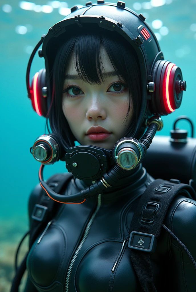 ultra-realistic, photorealistic, 20 years old Japanese famous idol girl, very beautiful Japanese but commercial diver, She works in undersea steel construction, masterpiece, (face focus:1.3), beautiful eyes, (wearing commercial diving suits with scuba equipment that looks like a cyber punk glossy intricated complex mecha hard armor suits with neon sign), (fully equipped for scuba diving:1.3), (putting on a full face scuba mask:1.5), (putting scuba breathe mask on the mouth:1.5), large breasts