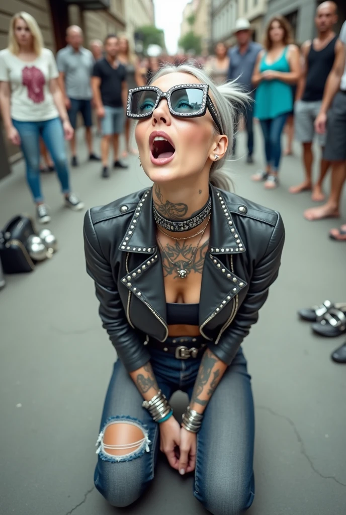 russian old milf woman, grey hair (ponytail) and oversize sunglasses as headband, with very light blue eyes, extremely pale. Wrinkles in neck and hands. Wearing cropped black moto jacket with lots of zippers and pins, black push up bra , dark skinny blue jeans and pointy silver Chelsea boots with cuban heels . Chokers. Lots of metallic bracelets and boho collars. Tacky wide studded eather belt with oversized skull and bones buckle. Long bohemian earrings. Kneeling like in a payer, a little bent, looking up, eyes and mouth wide open in amazement. Hands on her knees. Listening in amazement to somebody speaking to her, toned six pack abdominals, thin neck, slim legs and thin arms. Tattoed heavily. A lot of people around looking at her. Studded black leather tote bag with chains next to her, coins and all her belongings on the floor