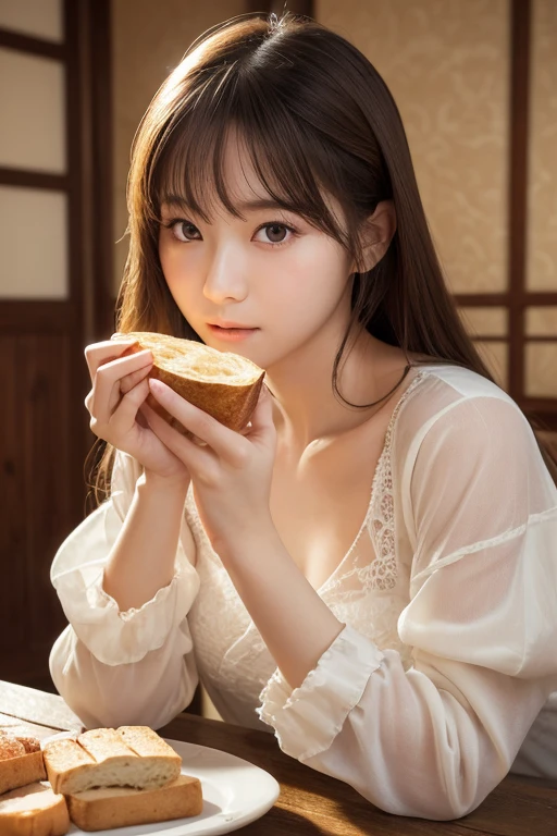 Highest quality, Face Focus, Soft Light, Ultra-high resolution, (Realistic:1.4), RAW Photos,
1 Japan, alone, cute, (pupil, Light in your eyes), Beautiful face in every detail, (Small box),(High resolution detail of human skin texture),
(Long Hair),
indoor,
Damask Shirt Dress,
(Portraiture), Eating bread