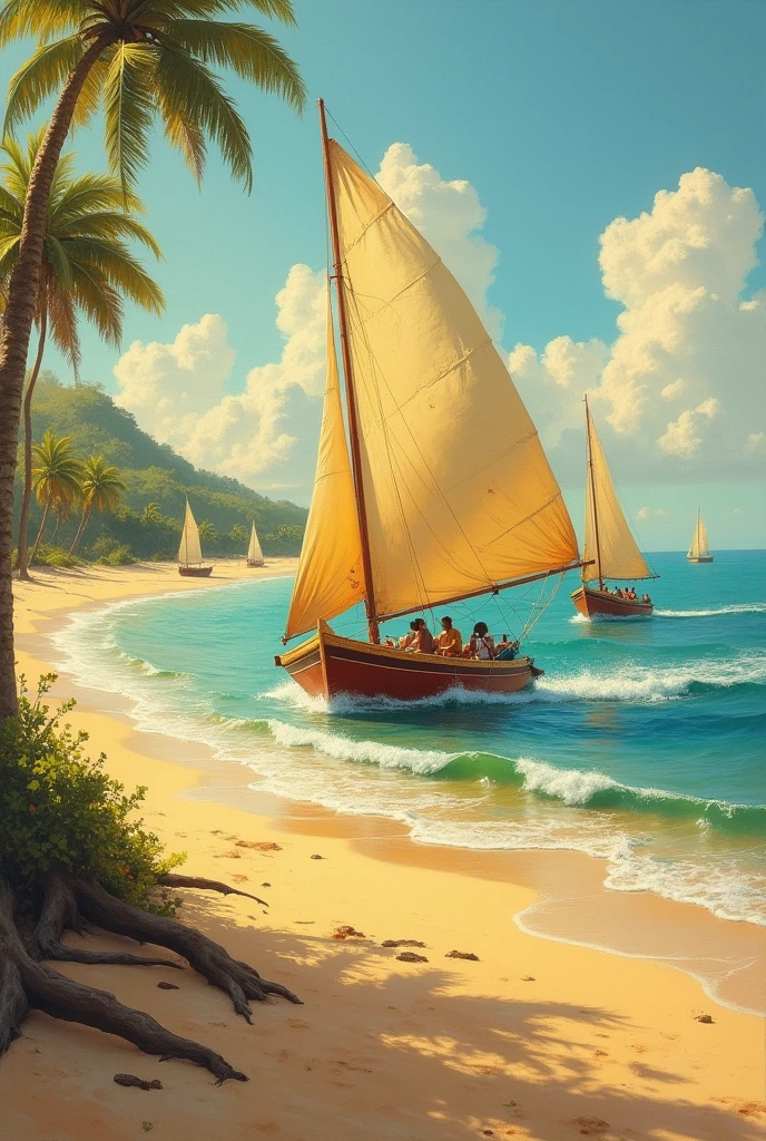 Painting rafts with sails in the wind on the sand of the northeast beach of Brazil without people