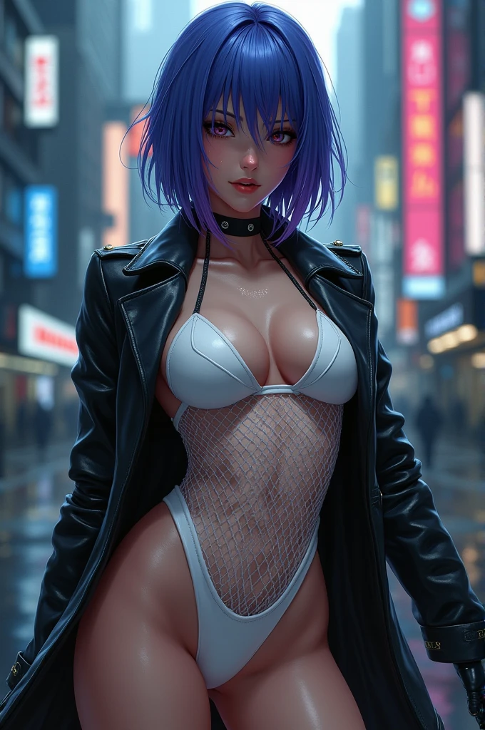 realistic 24k woman ,blue-purple hair,Public Security Section 9,(1 girl),(ghost in the shel style:1.0),realistic ghost in the shell with guns,Wearing a white Fishnet tights and leather coat,(beautiful eyes:1.2),(beautiful face:1.3),(detailed face:1.3),(smile),(muscular:1.1),(sensual:1.3),(thick thighs:1.2),(Body moistened with sweat),(background is black:1.5),(blur background:1.2),(master piece,highest quality,ultra high resolution,Super detailed,8K),wallpaper,The background is Cyberpunk City