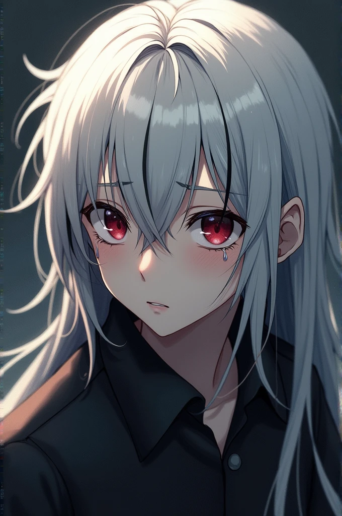 A young white-haired boy with black highlights and long hair, with a drop under his left eye, your eyes are wine red in color, no estilo of the Shingeki no Kyojin
