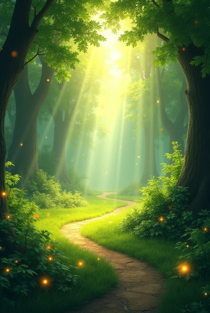 Hyperrealism, leafy forest, with sun rays passing through the treetops, a path with tender grass around it, small lights of different colors