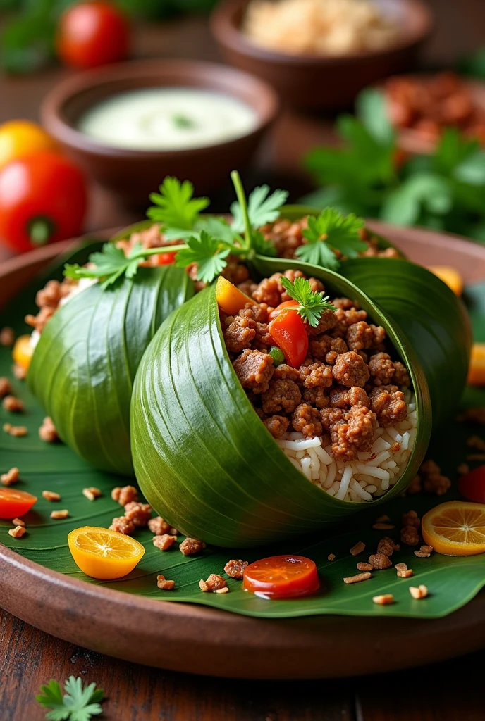 Pastil a filipino food rice with  ground meat that wrap in banana leaves  with condement in the background 