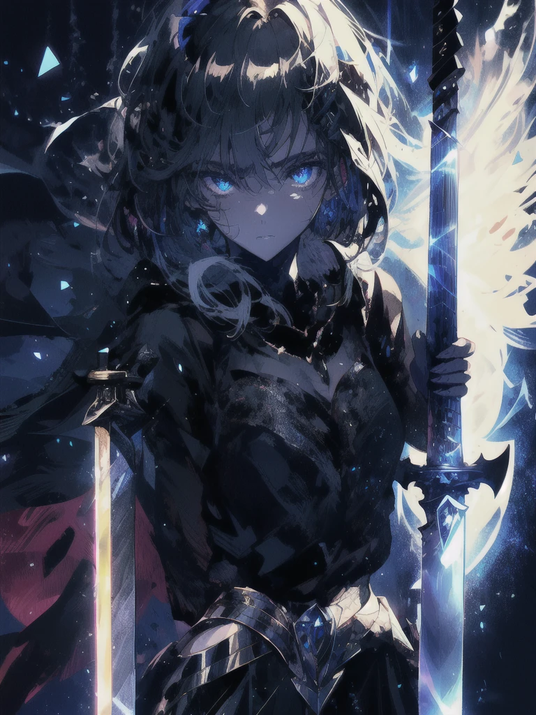 Holding a one-handed sword、Please take the black sword.、((masterpiece, highest quality, Super detailed, High resolution)), alone, beautiful girl, shining eyes, perfect eyes, 15 years old, black white gold theme,
