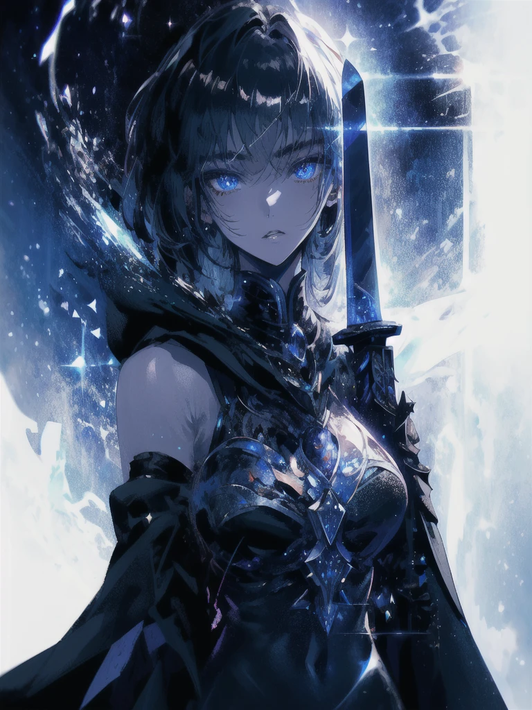 Holding a one-handed sword、Please take the black sword.、((masterpiece, highest quality, Super detailed, High resolution)), alone, beautiful girl, shining eyes, perfect eyes, 15 years old, black white gold theme,