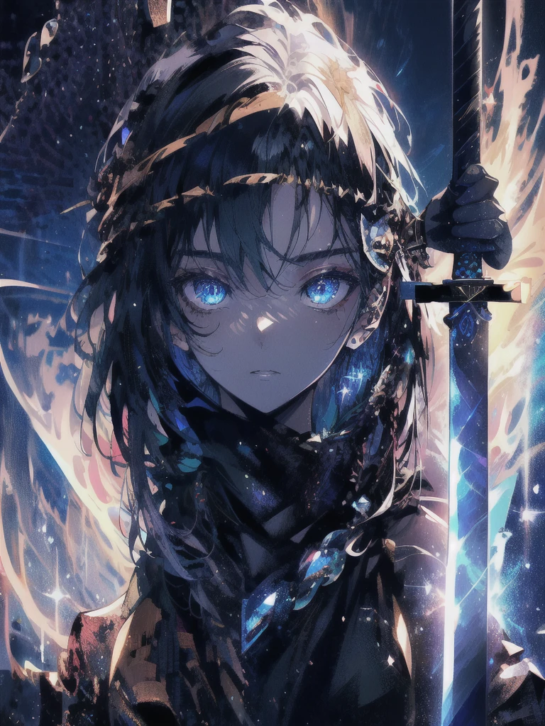 Holding a one-handed sword、Please take the black sword.、((masterpiece, highest quality, Super detailed, High resolution)), alone, beautiful girl, shining eyes, perfect eyes, 15 years old, black white gold theme,