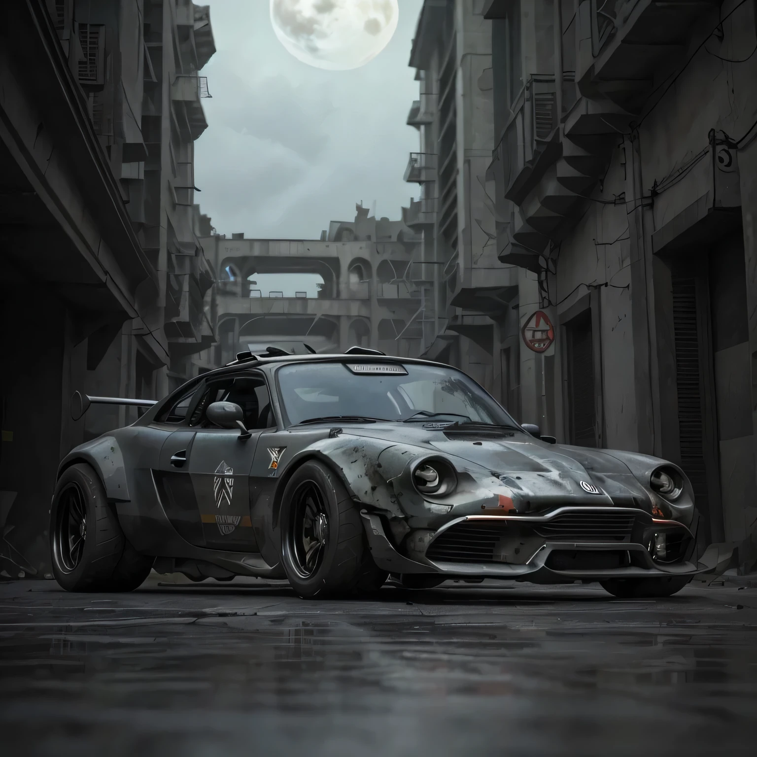 GoPro Shot From One (Cyberpunk Fiat Armored Truck) Geeks, 3/4 Vista Frontal, Wide-angle action shots, Post-apocalyptic, 屋outside, night, path, destruction, De-airing, outside, Full moon in the background, Master Parts, Realistic, 8k, Attention to detail, Dark Theme,