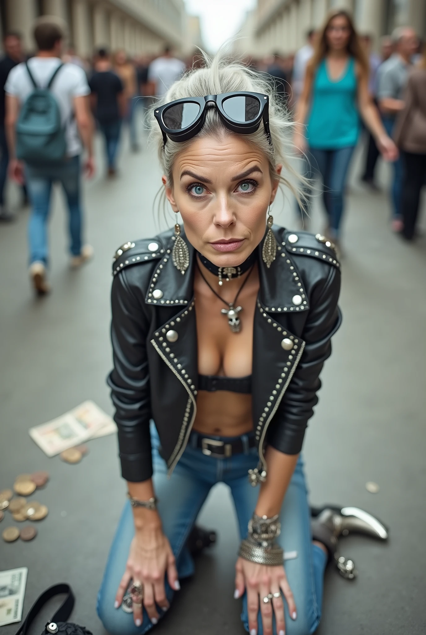 russian old milf woman, grey hair (ponytail) and oversize sunglasses as headband, with very light blue eyes, extremely pale. Wrinkles in neck and hands. Wearing cropped black moto jacket with lots of zippers and pins, black push up bra , dark skinny blue jeans and pointy silver Chelsea boots with cuban heels . Chokers. Lots of metallic bracelets and boho collars. Tacky wide studded eather belt with oversized skull and bones buckle. Long bohemian earrings. Kneeling on the floor, looking up at the camera Hands on her knees, toned six pack abdominals, thin legs and thin arms. A lot of people around looking at her. Studded black leather tote bag with chains next to her, lots of coins bank notes and all her belongings on the floor