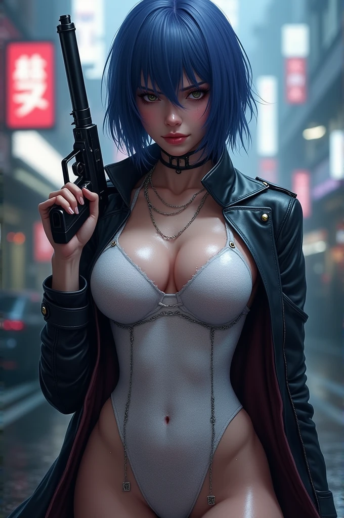 realistic 24k woman Kusanagi Motoko,ghost in the shel ,prosthetic body,blue-purple hair,(1 girl),(ghost in the shel style:1.0),realistic ghost in the shell with guns,Wearing a white Fishnet tights and leather coat,(beautiful eyes:1.2),(beautiful face:1.3),(detailed face:1.3),(smile),(muscular:1.1),(sensual:1.3),(thick thighs:1.2),(Body moistened with sweat),(background is black:1.5),(blur background:1.2),(master piece,highest quality,ultra high resolution,Super detailed,8K),wallpaper,The background is Cyberpunk City