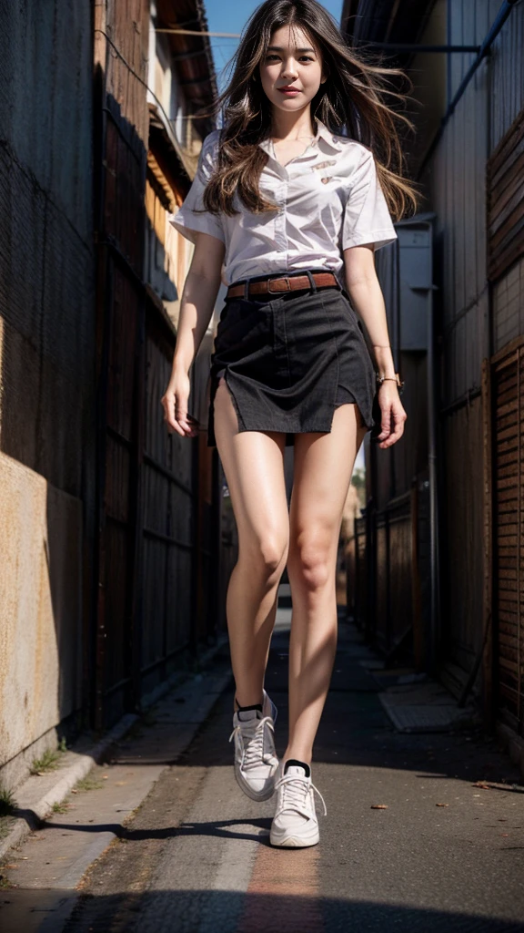 perfect bodies: 1.1, Extremely detailed CG 8k wallpaper, Extremely refined and beautiful, masterpiece,best qualtiy:1.0,Ultra-high resolution:1.0,A high resolution,smiling:1.2, Smooth and flawless fair skin,ultra - detailed , medium breasts:1.1,Black tight torn mini skirt:1.2, white short-sleeve button up shirt:1.2, brown suede belt:1.2, In alley:1.4,full body shot, black long messy straight hair, detailed face, white sneakers:1.2, perfect body, thai university uniform, super-realistic, fukubiri:1.4, frightening face expression:1.4, run away:1.4