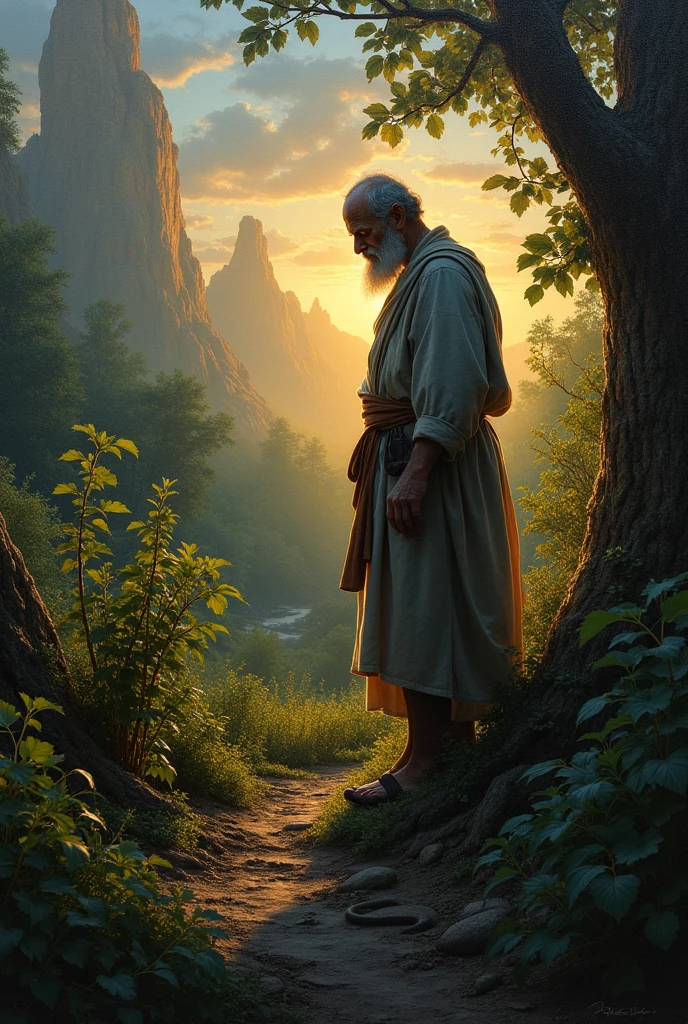 Oil painting, Dramatic lighting, Realism. (Best quality, high resolution, Ultra-detailed), (Realistic:1.37), professional, Vivid colors, The wise man stands silently in the garden at dusk, his eyes wide with realization as he spots the snake biting the roots of his plants. The scene is bathed in the soft, fading light of the evening.
