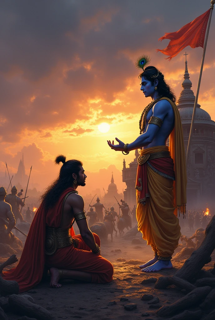 Image set during the dusk on the battlefield of Kurukshetra. The sky is a turbulent mix of deep orange, purple, and indigo, with the sun just below the horizon, casting a dim, fading light across the war-torn land. The ground is littered with debris—broken chariots, shattered weapons, and fallen soldiers—while distant fires flicker, casting long shadows over the chaotic scene.
In the foreground, Lord Krishna, with a radiant blue complexion, stands tall and serene, dressed in golden robes. His crown, adorned with a peacock feather, gleams softly in the fading light. He holds one hand raised towards the sky, imparting divine wisdom to Arjuna, who kneels before him in reverence. Arjuna is dressed in warrior attire, with a quiver of arrows on his back, listening intently to Krishna’s teachings. Behind them, Krishna’s grand chariot is depicted with intricate details, and on top, a flag flutters gently in the evening breeze, catching the last rays of sunlight. The flag symbolizes divine protection and stands out against the darkening sky. In the background, the battlefield stretches into the distance, where silhouetted warriors continue to clash amidst the dust and smoke, their figures dark and indistinct.
The entire scene captures the intensity of the battlefield at dusk, with a contrast between the serene, divine presence of Krishna and the chaotic, war-torn surroundings. The image should evoke a sense of both the spiritual guidance being imparted and the harsh reality of the ongoing battle, with a mood that reflects the transition from day to night.