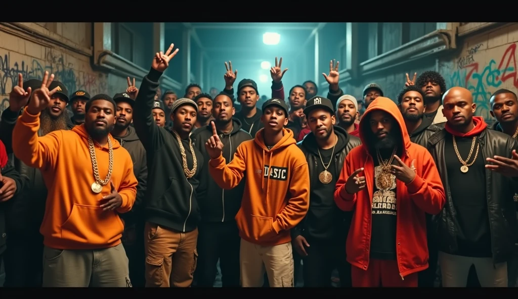 Crie uma miniatura para o videoclipe big dawgs, everyone making gang symbol with their hand, gangster clothes